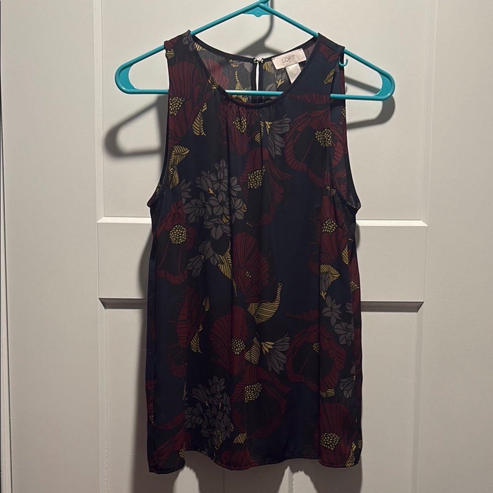 LOFT Sleeveless Floral Shell Top - Navy with Burgundy & Mustard